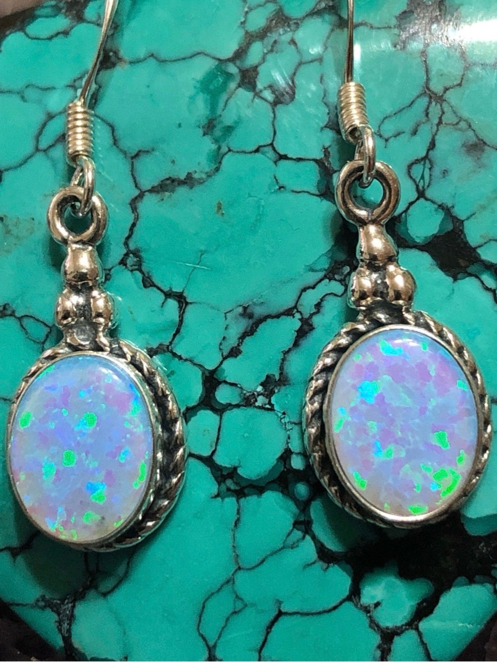 Sterling Silver Opal Drop Earrings - Iridescent Blue-Green Opal